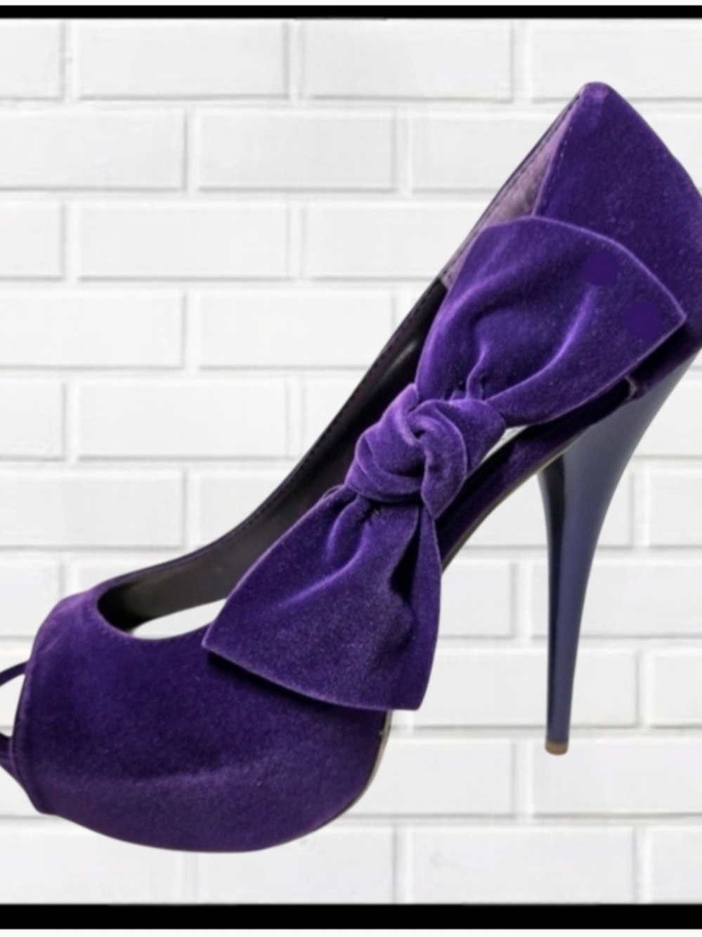 BONNIBEL Purple Velvet Bow Peep Toe Platform Stiletto Pumps Heels NIB Size 6.5